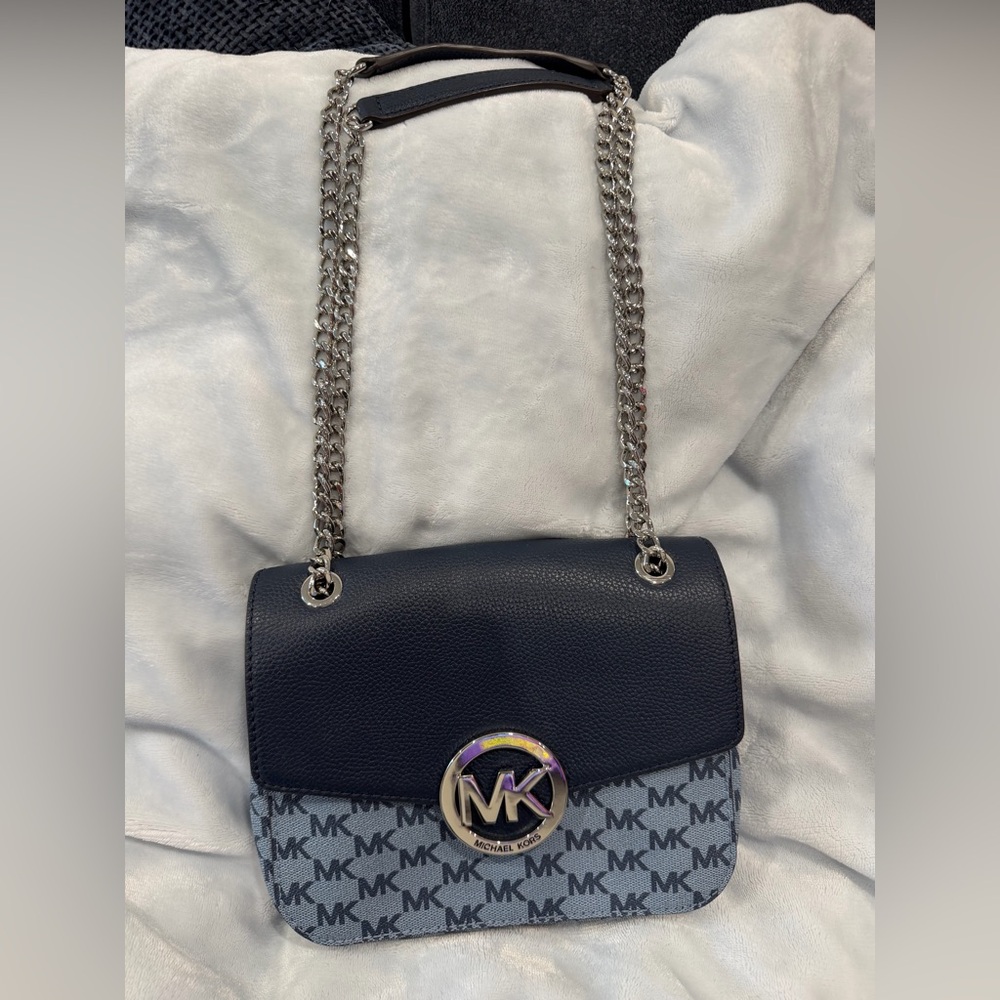 Michael Kors Navy and Gray MK Logo Chain Shoulder Bag